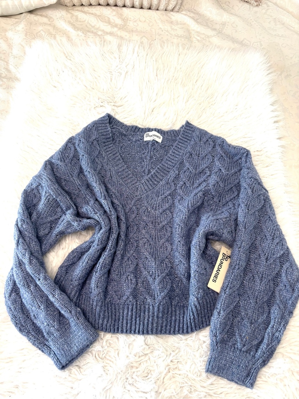 No Boundaries Dusty Blue Cable Knit V-Neck Sweater